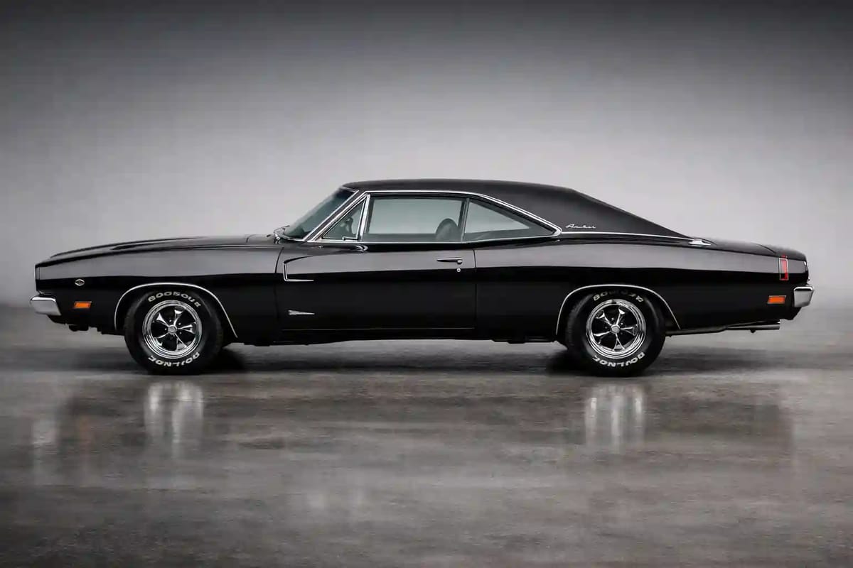 A side profile shot of a 1968 Dodge Charger, showcasing the Coke-bottle shape and flying buttresses 