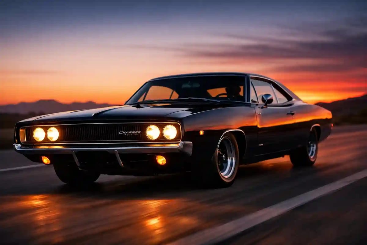 A dynamic shot of a 1968 Dodge Charger in motion at dusk, highlighting its distinctive grille and si