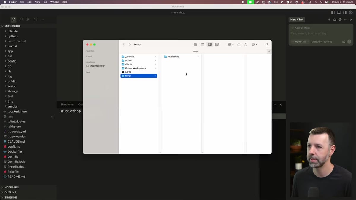 Video screenshot at 4:08 - Shows Finder/terminal view with the main music-shop project and the newly created music-shop-worktre