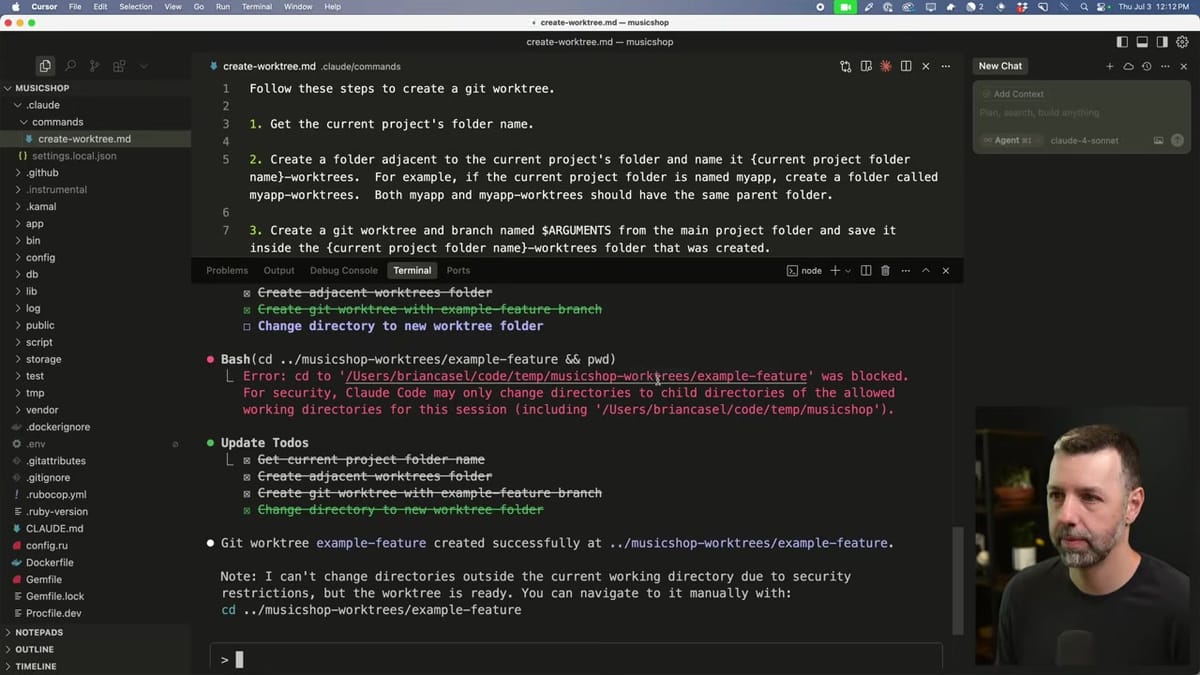 Video screenshot at 11:17 - Shows the Cloud Code slash-command run and the error/limitation where Claude cannot cd out of the ma