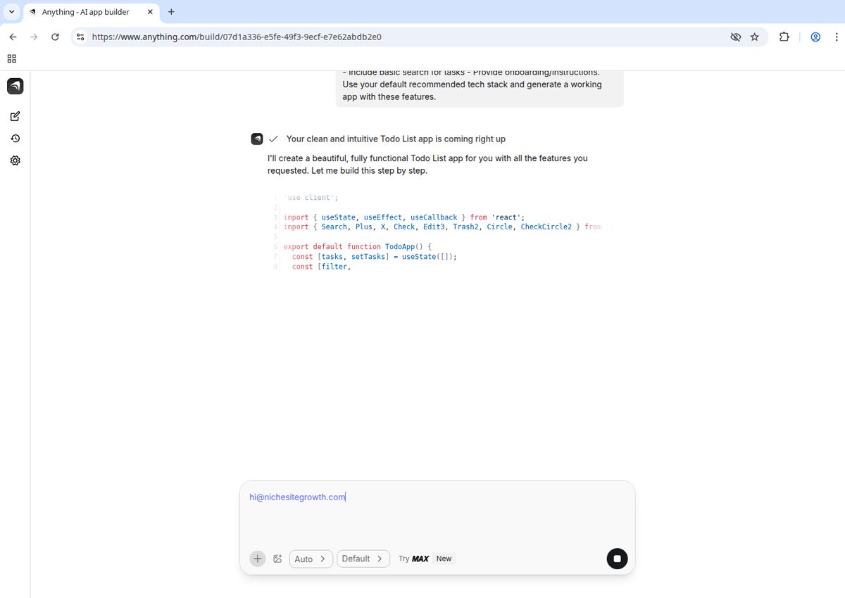 Anything AI signup form with email field filled in