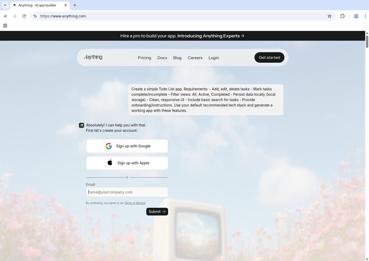 Text prompt being entered into Anything AI to create a todo list application