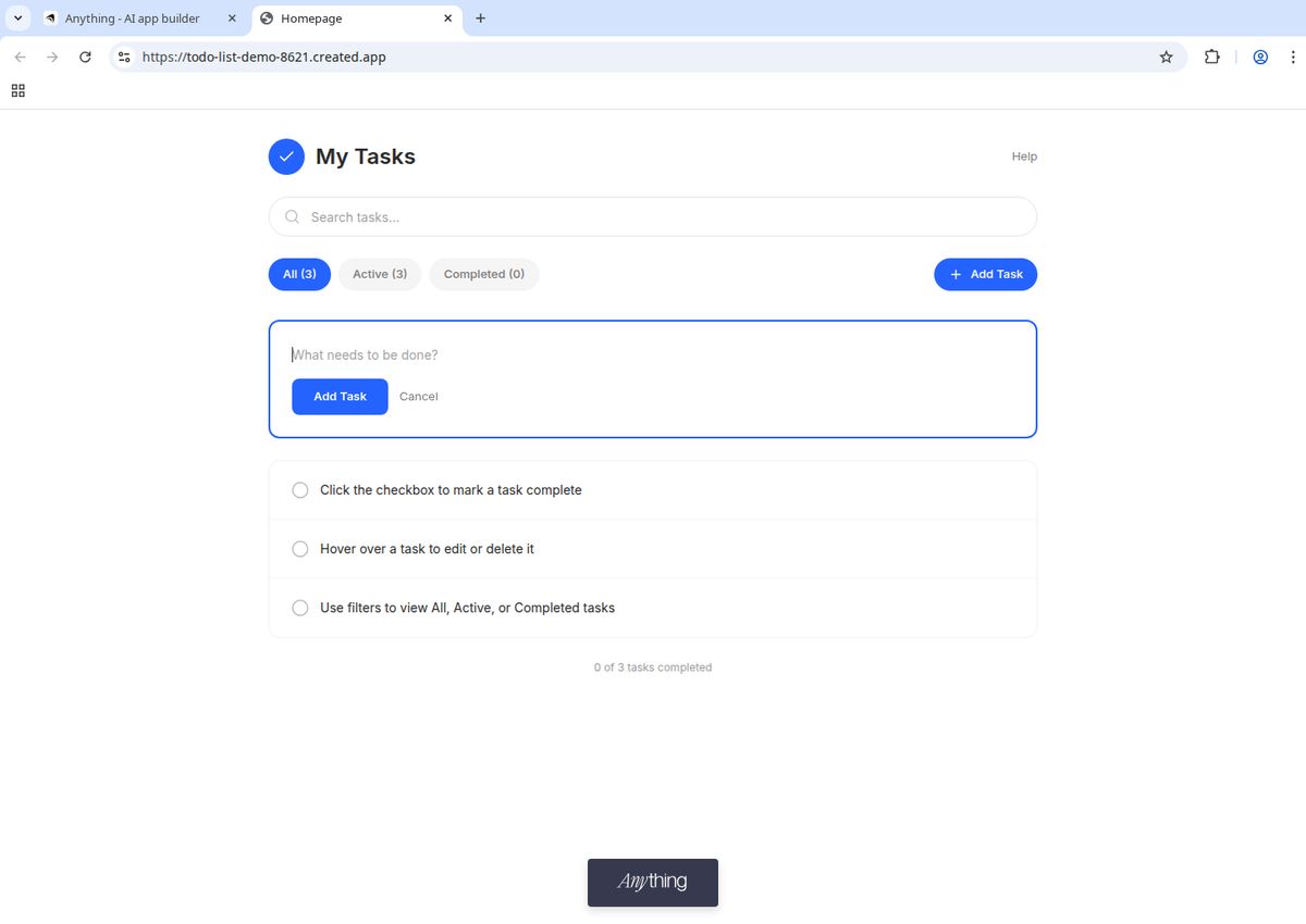 The completed todo list app interface with input field and task list