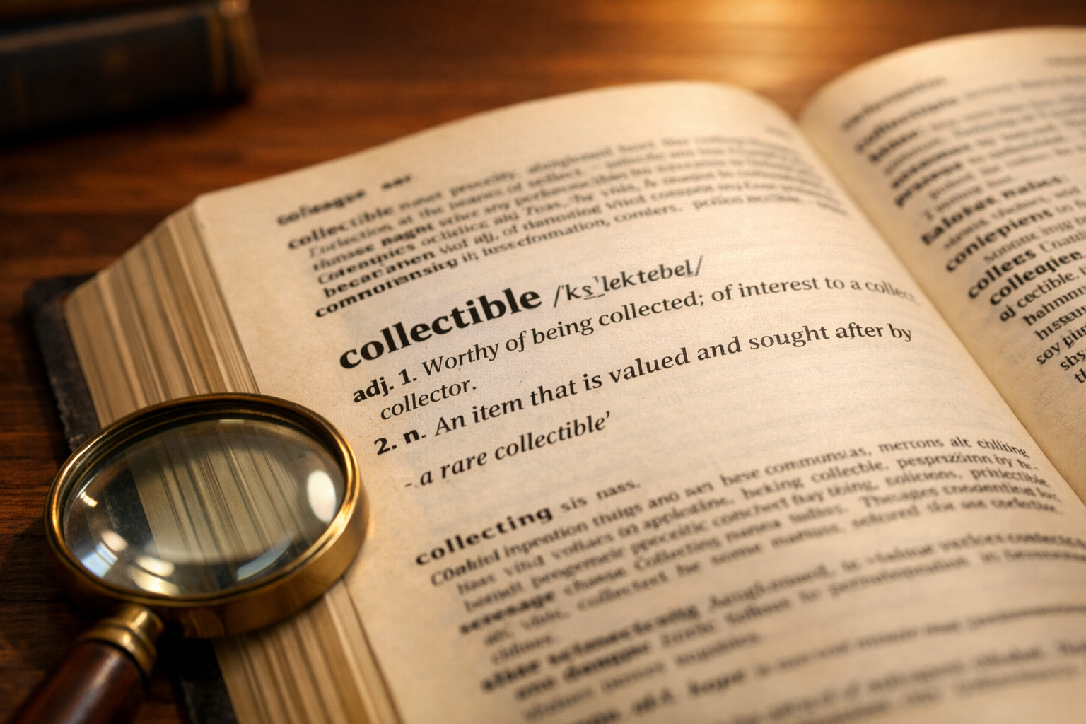 A photorealistic close-up of an open dictionary on a wooden desk, showing the word 'collectible' defined on the page, wi