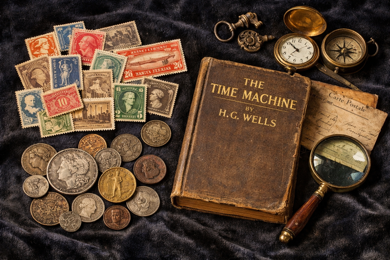 A photorealistic flat lay of a curated collection of vintage collectibles including old postage stamps, antique coins, a