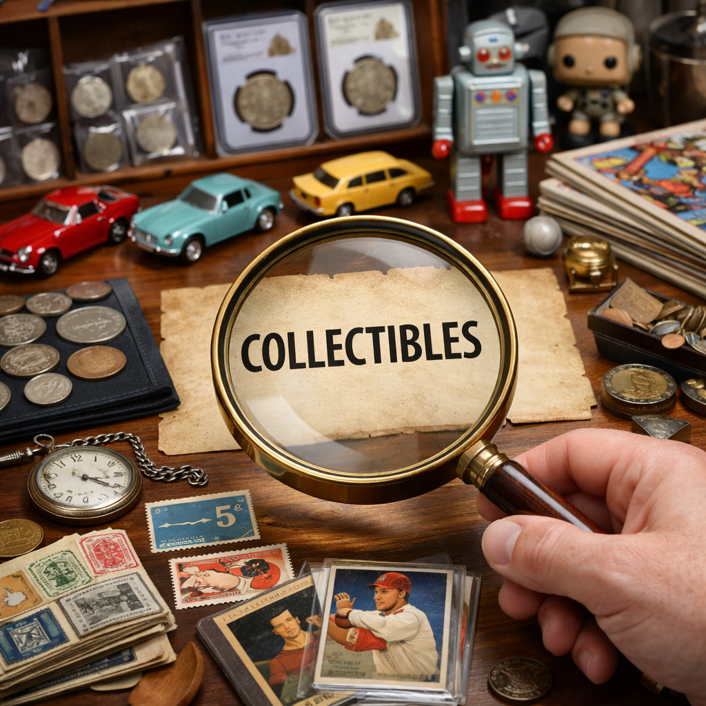 A photorealistic image of an auction house display table featuring rare vintage items including a framed stamp collectio