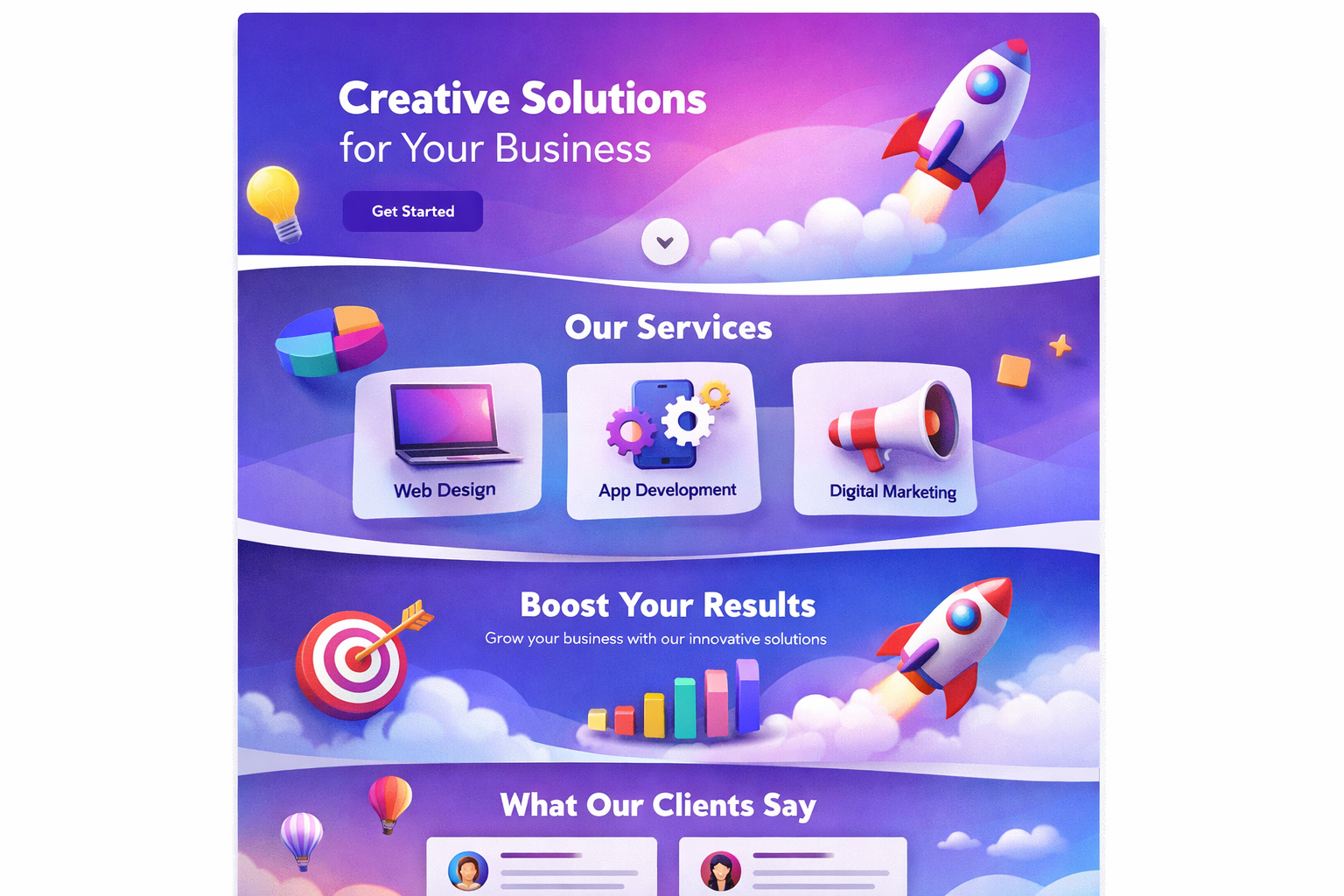 Creative business solutions landing page with web design, app development, digital marketing services, and client testimon...