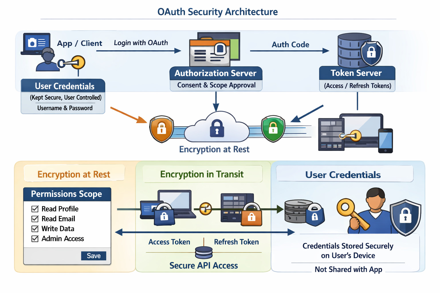 OAuth Security Architecture: Authorization flow with encryption, token servers, user credentials, and secure API access.