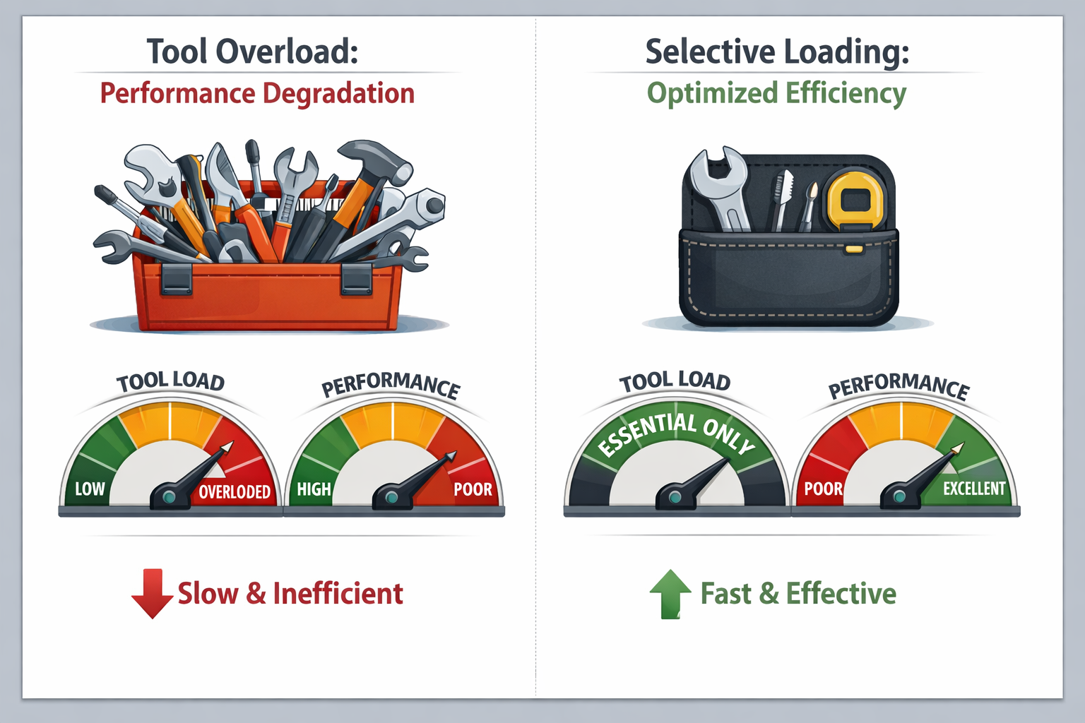Tool overload vs selective loading: comparison of performance degradation and optimized efficiency in workflow management.