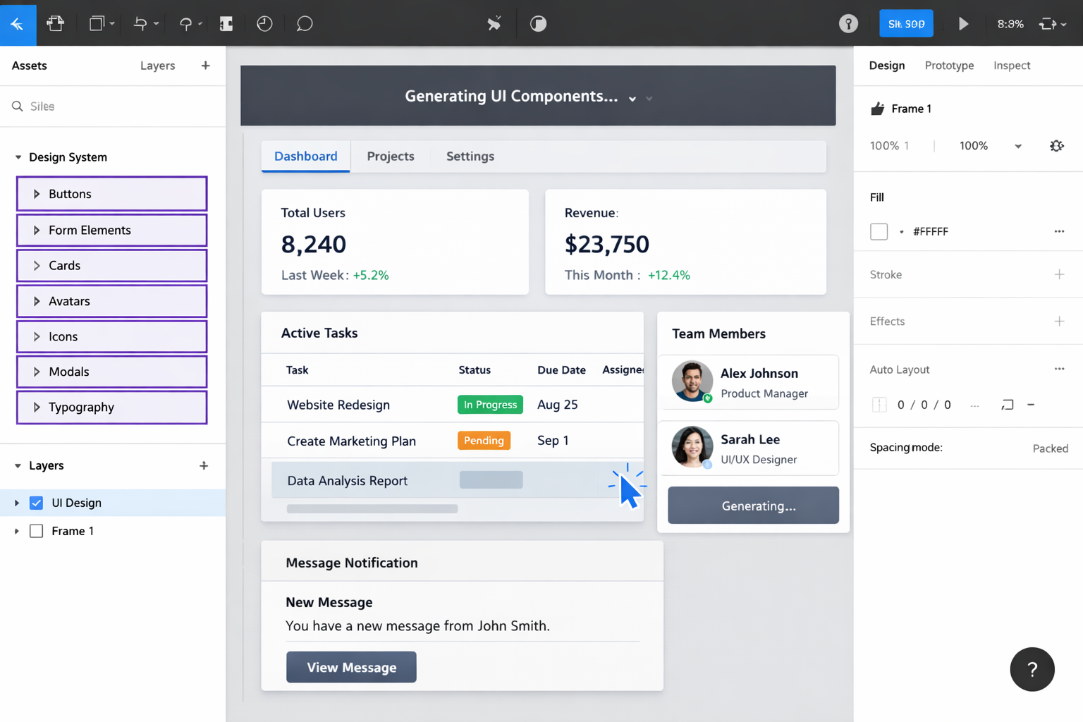Figma design system UI components dashboard with Claude AI code generation for buttons, forms, and cards.