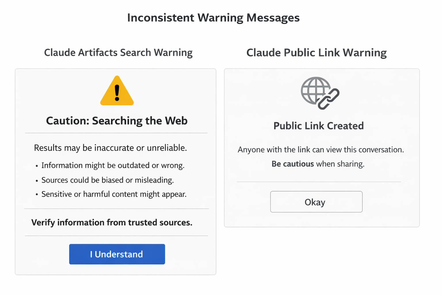 Claude warning messages about web search inaccuracy and public link sharing risks for private conversations
