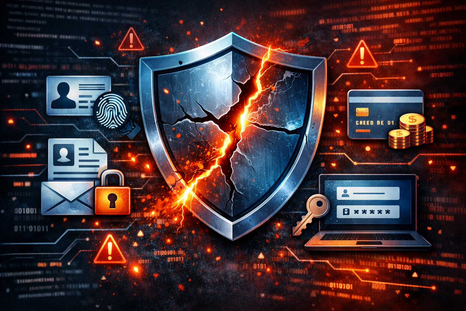 Broken security shield with warning signs, representing cybersecurity breach and data protection failure during system out...