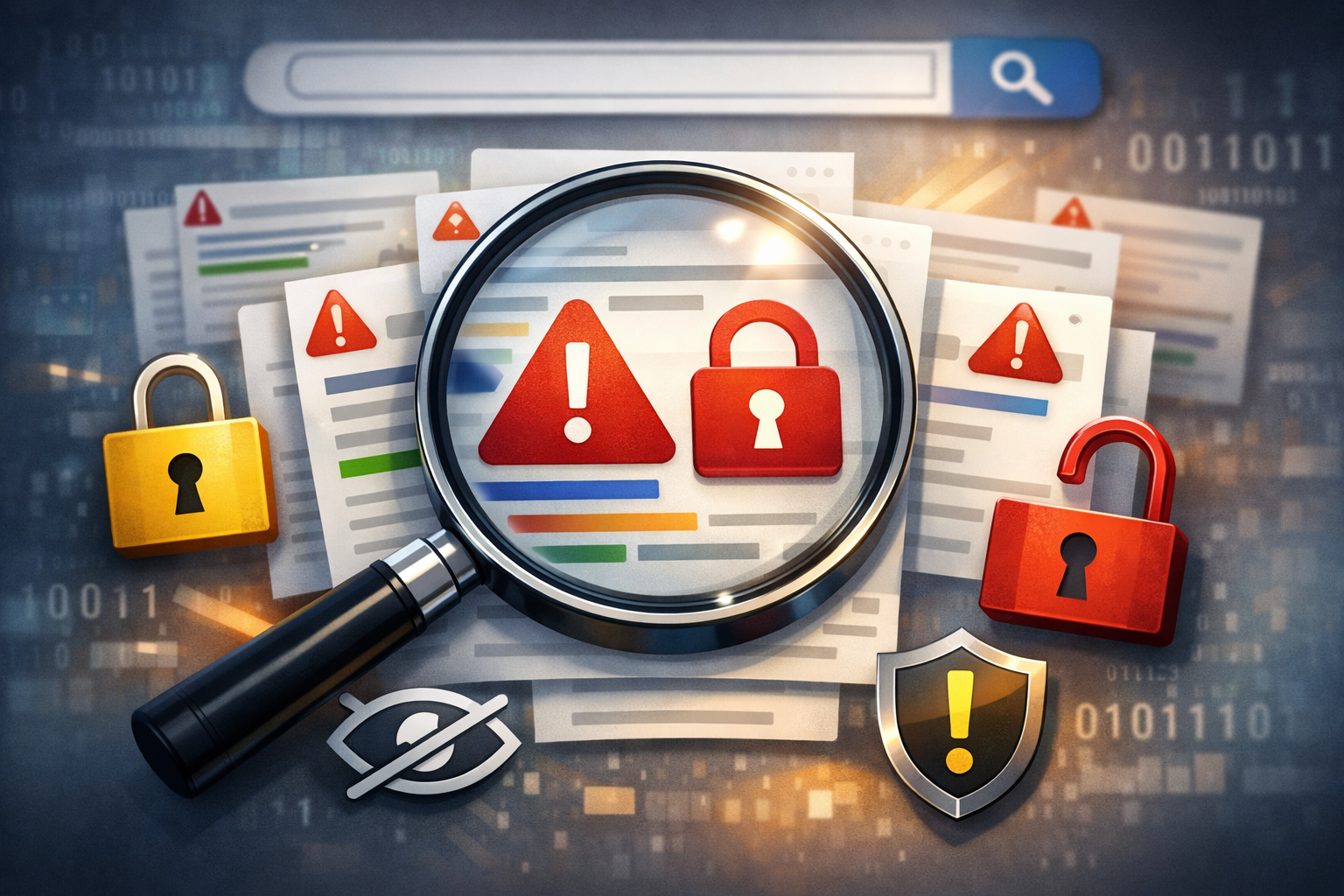 Security threat warning icons with magnifying glass, locks, and alert symbols representing system performance issues and v...