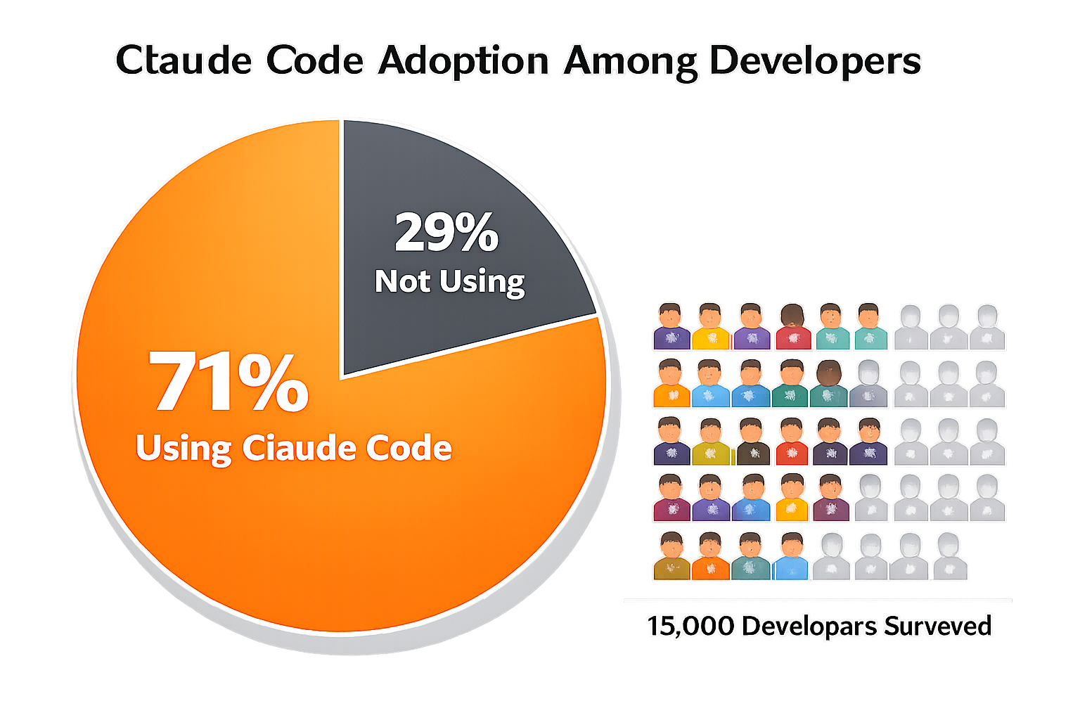 Claude Code adoption among developers: 71% using Claude Code, 29% not using, surveyed 15,000 developers