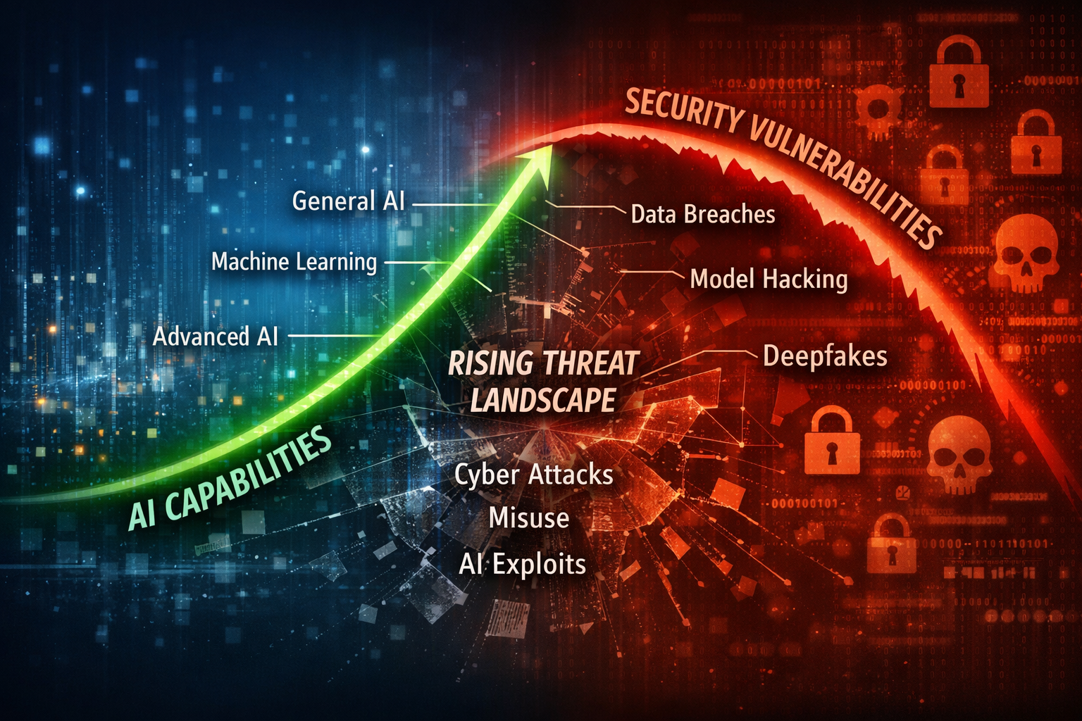 AI security vulnerabilities diagram showing rising threats from General AI, Machine Learning, and Advanced AI capabilities...