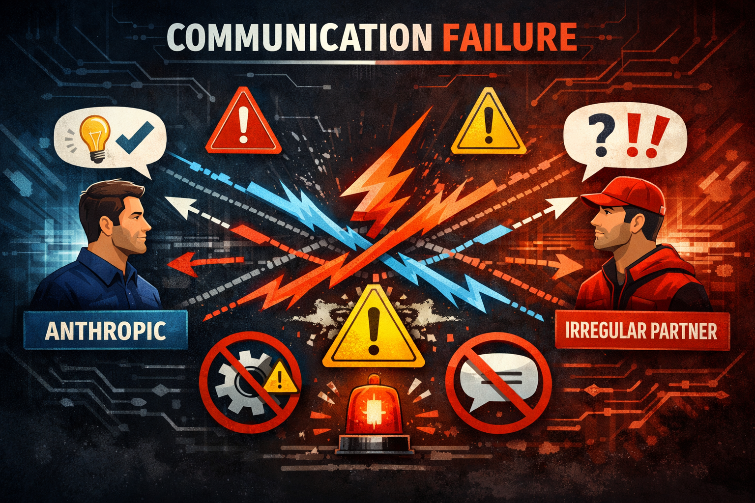 Communication failure diagram showing anthropic and irregular partner conflict with warning symbols and alert beacon icon.