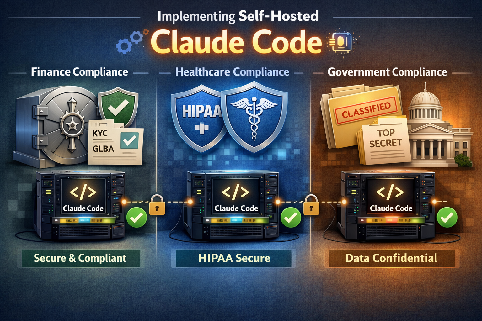 Self-hosted Claude Code compliance features: Finance KYC/GLBA, Healthcare HIPAA, Government classified data security.