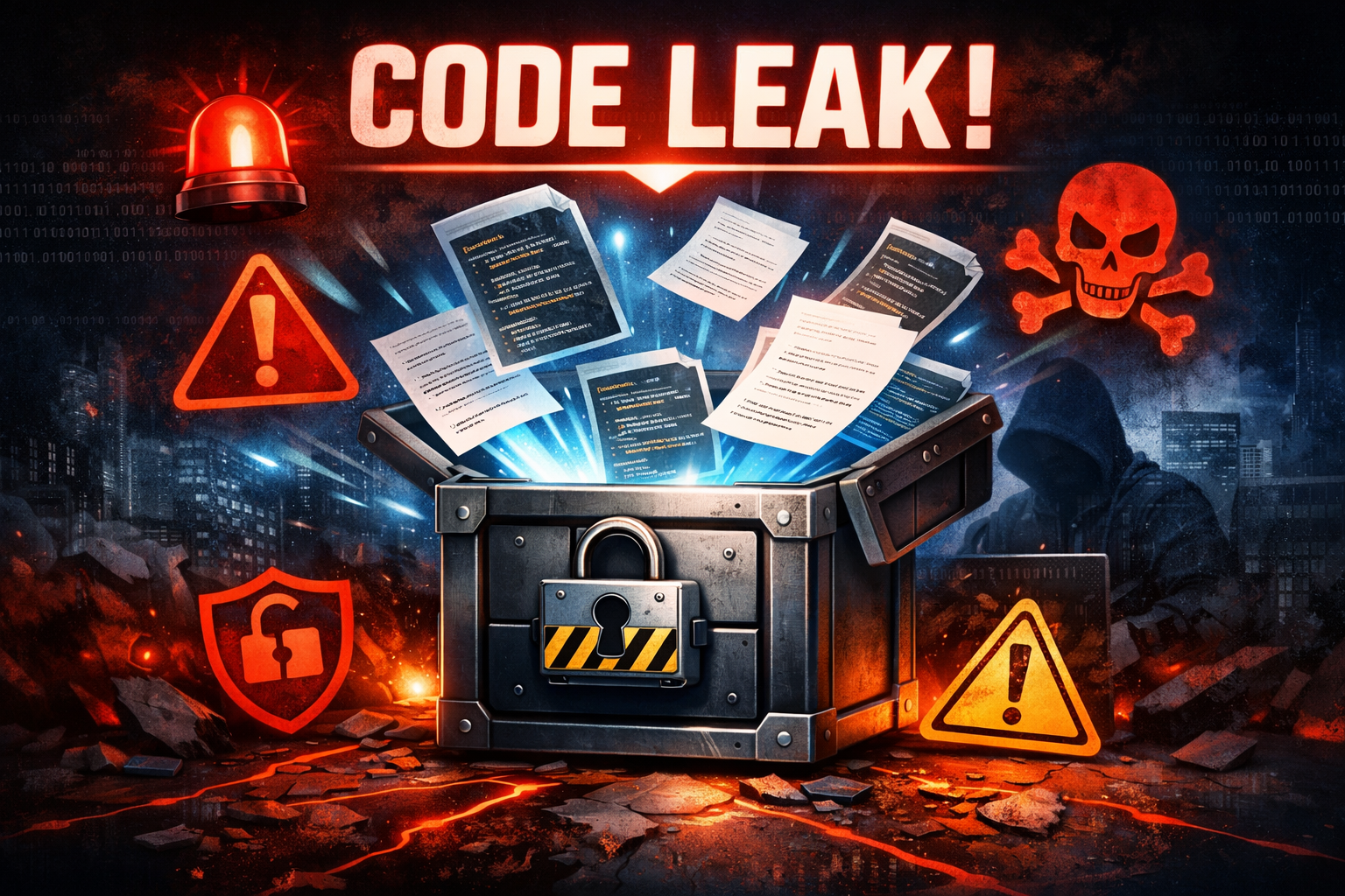 Code leak warning graphic with locked briefcase, documents, and security icons representing Anthropic Claude's data protec...