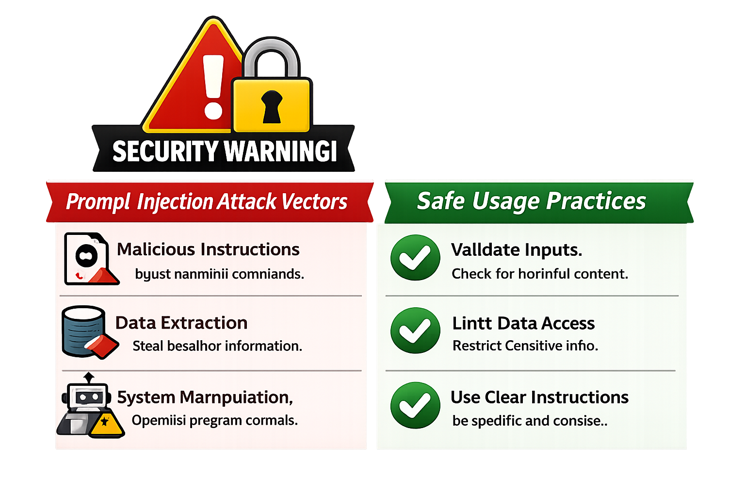 Security warning infographic showing prompt injection attack vectors and safe usage practices for AI systems.