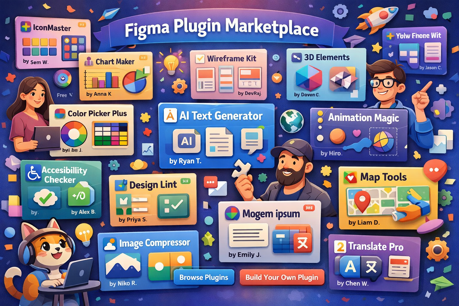 Figma Plugin Marketplace showcasing popular design tools including AI Text Generator, Wireframe Kit, and Animation Magic p...