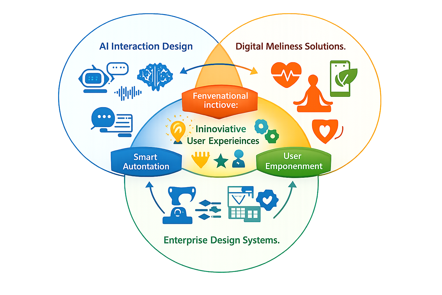 Fenventational innovative user experience framework diagram showing AI interaction design, digital wellness solutions, sma...