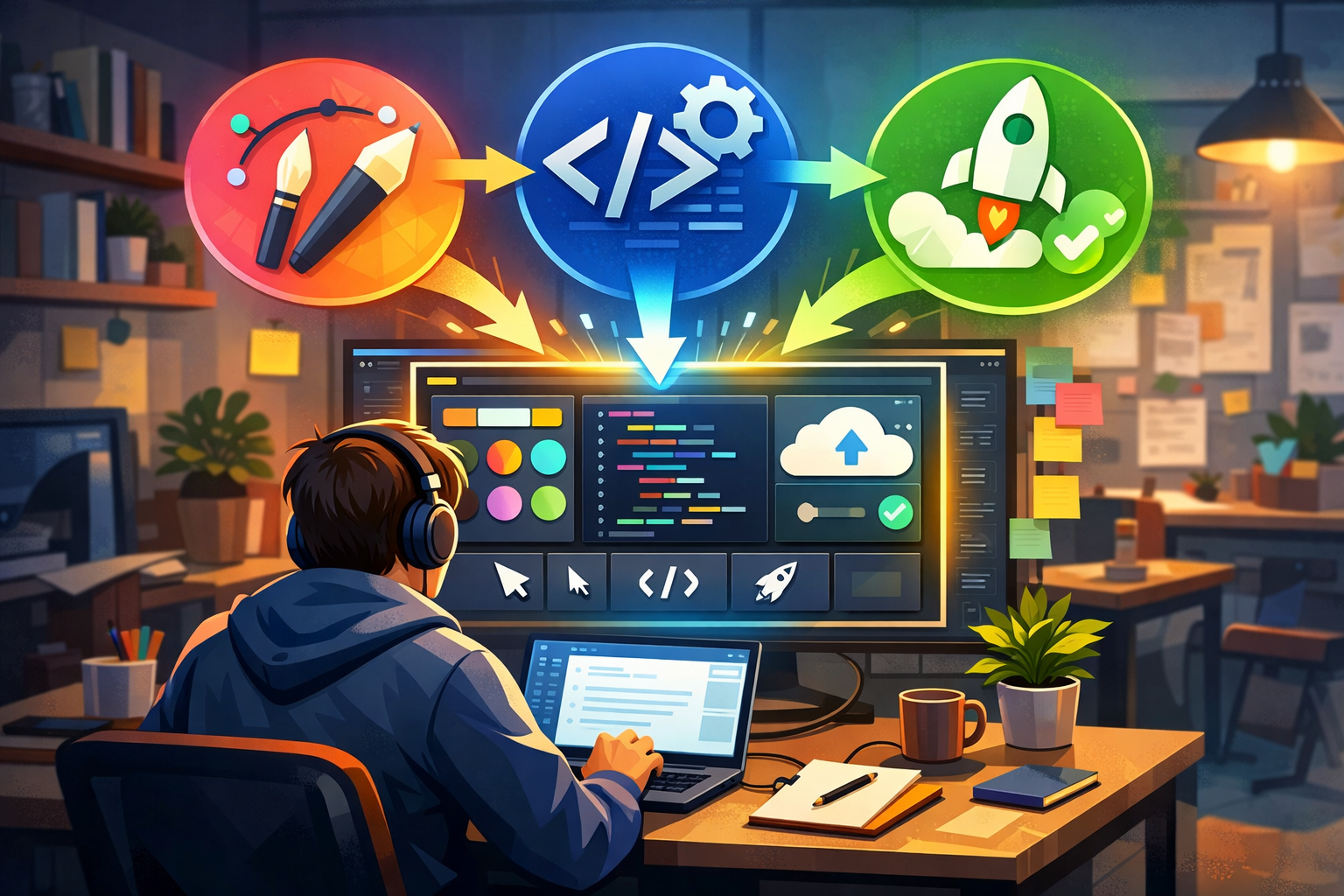 Developer using Claude Code with /design feature to create UI mockups and design prototypes on desktop workspace.