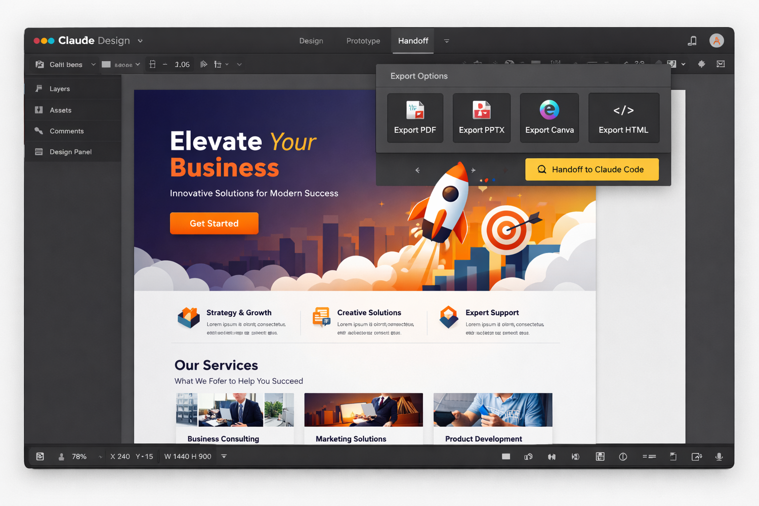 Claude Design interface showing website mockup with "Elevate Your Business" hero section, export options for PDF, PPTX, Ca...
