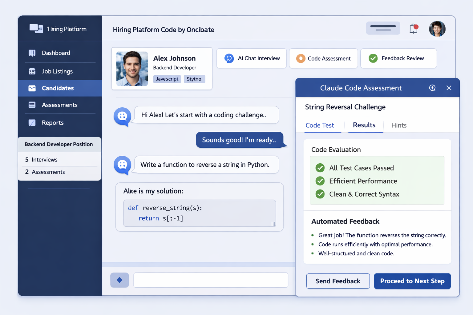 Online coding interview platform showing candidate Alex Johnson's Python string reversal assessment with passing results a...