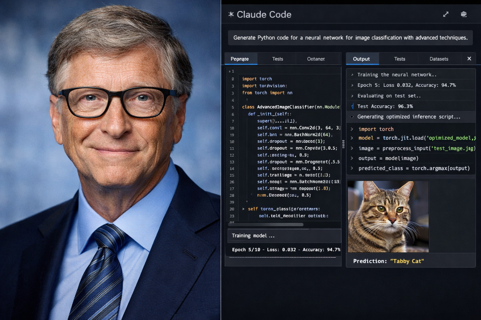 Claude AI code generation for neural network image classification with Python and PyTorch model training interface