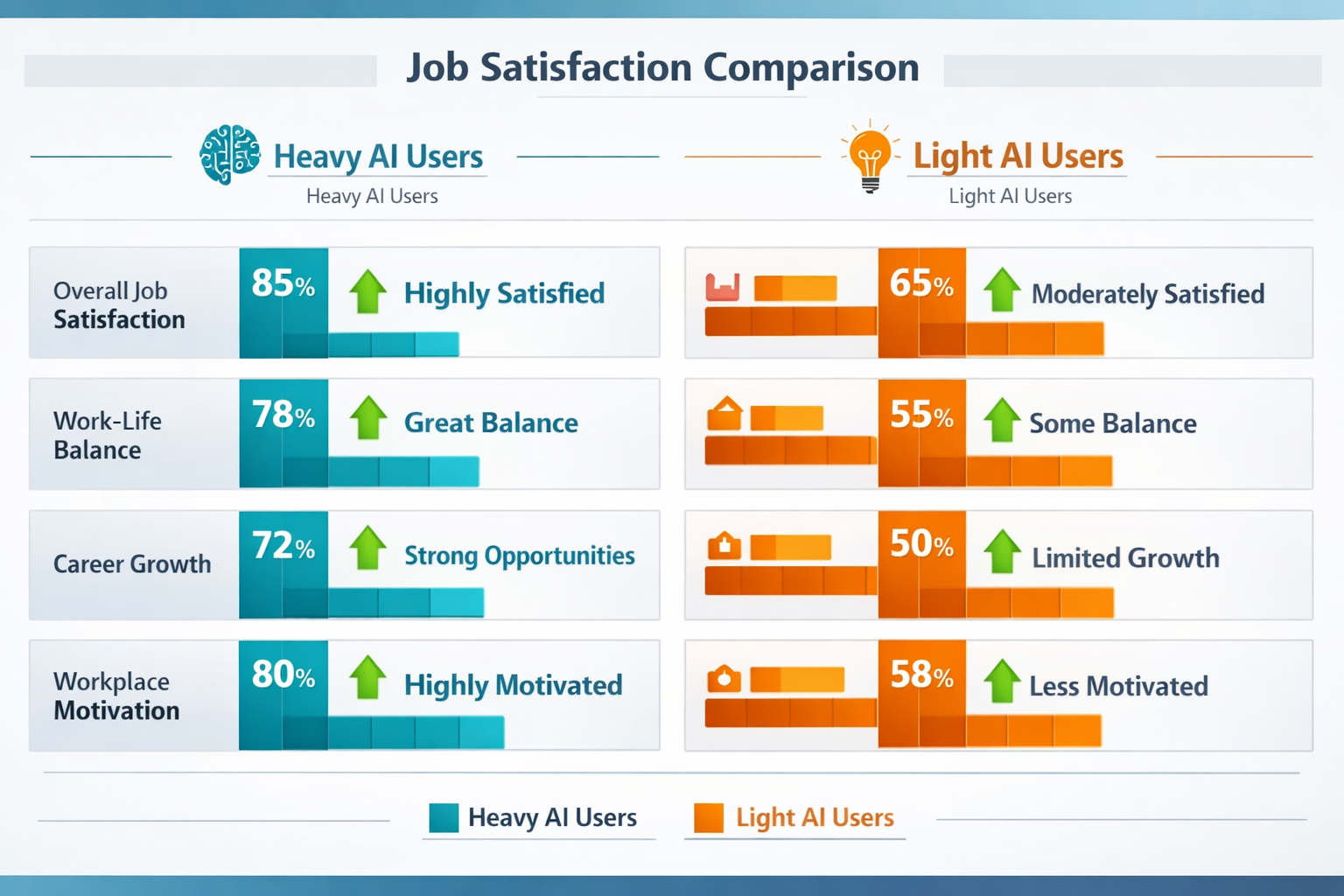 Job satisfaction comparison chart showing Heavy AI Users vs Light AI Users across satisfaction, work-life balance, career ...