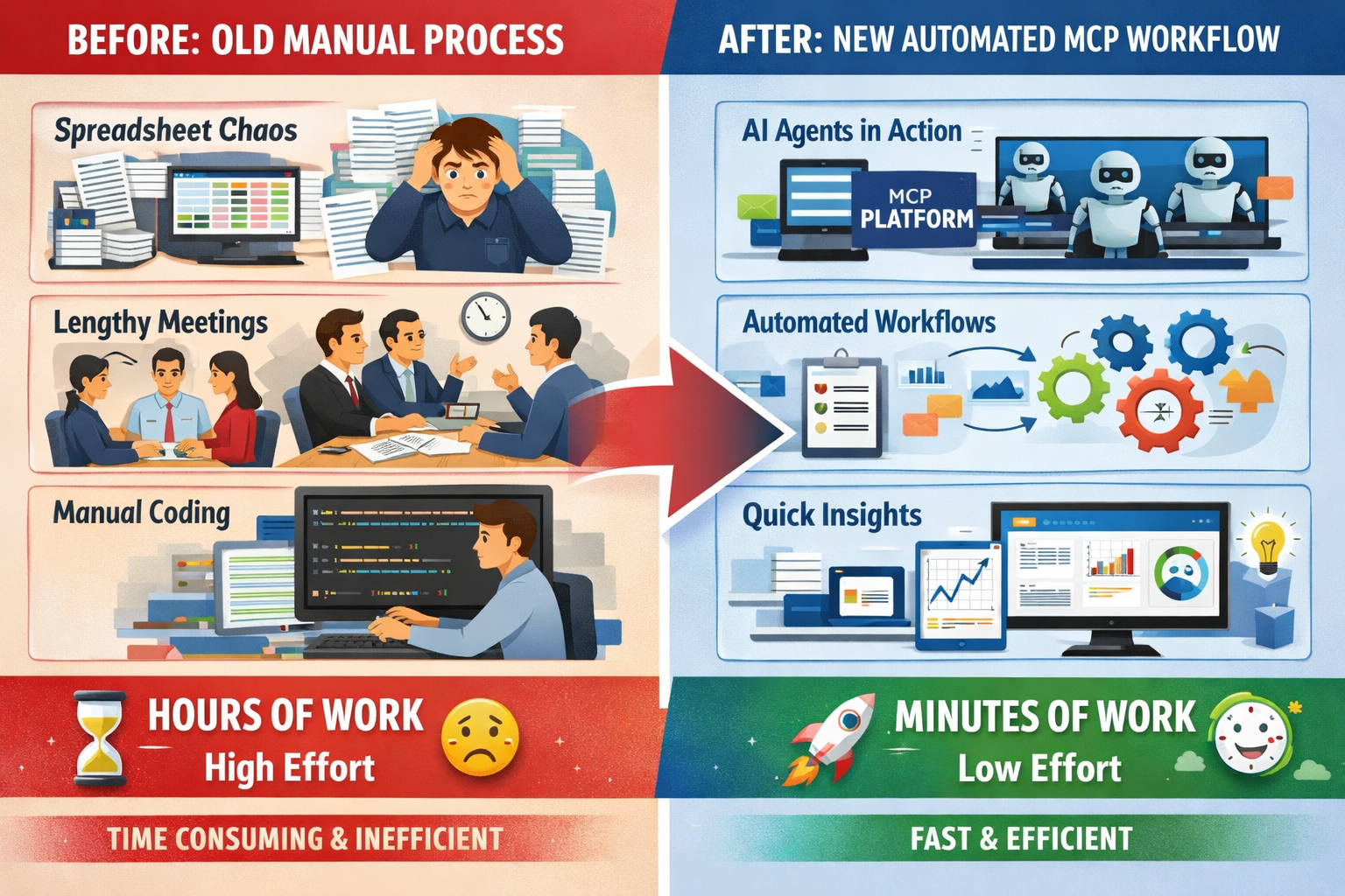 Before and after comparison: manual MCP workflow vs automated AI-powered workflow with faster efficiency and reduced effort.