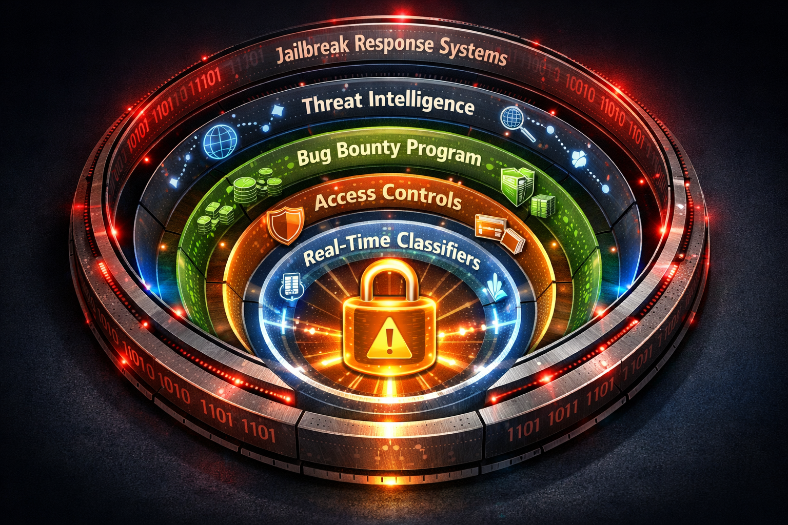 Concentric security layers diagram showing Real-Time Classifiers, Access Controls, Bug Bounty Program, Threat Intelligence...