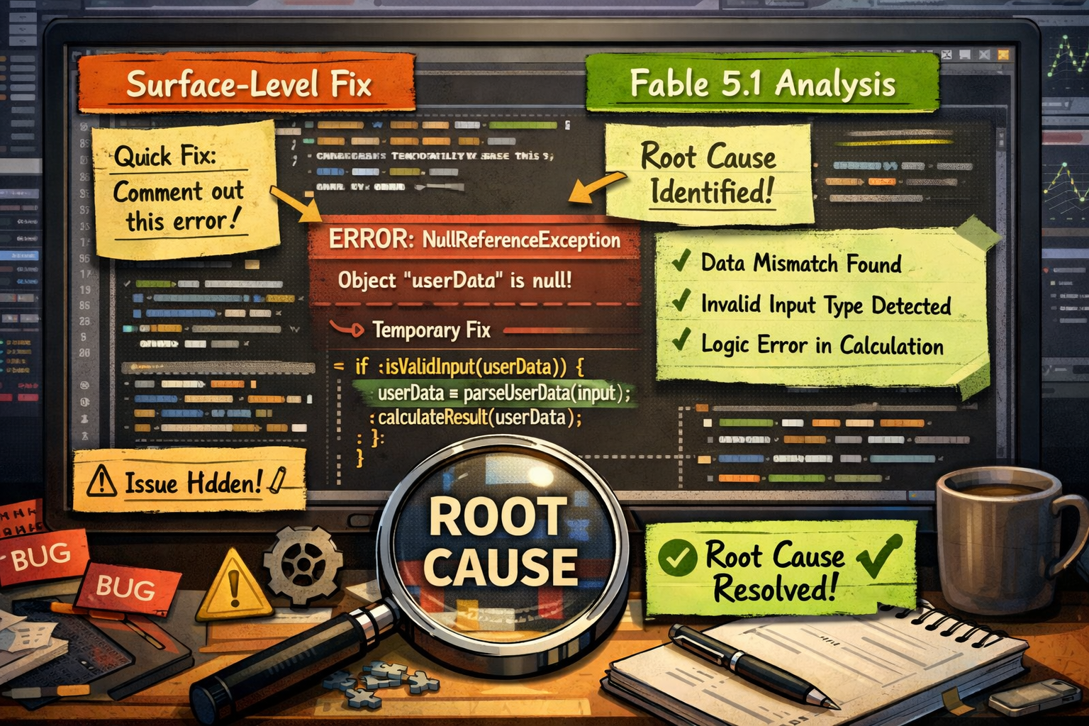 Root cause analysis infographic showing NullReferenceException debugging with Fable 5.1 error identification and resolutio...