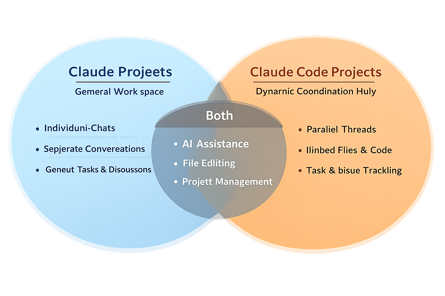 Venn diagram comparing Claude Projects and Claude Code Projects features, highlighting shared capabilities like AI assista...