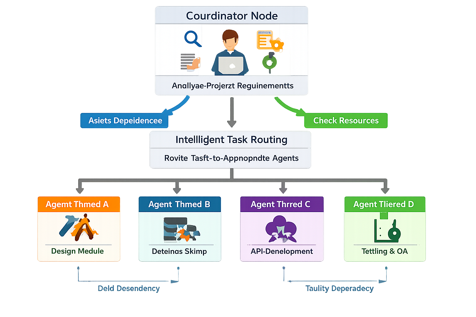 Multi-agent task routing architecture diagram showing coordinator node distributing projects to specialized Claude agents ...