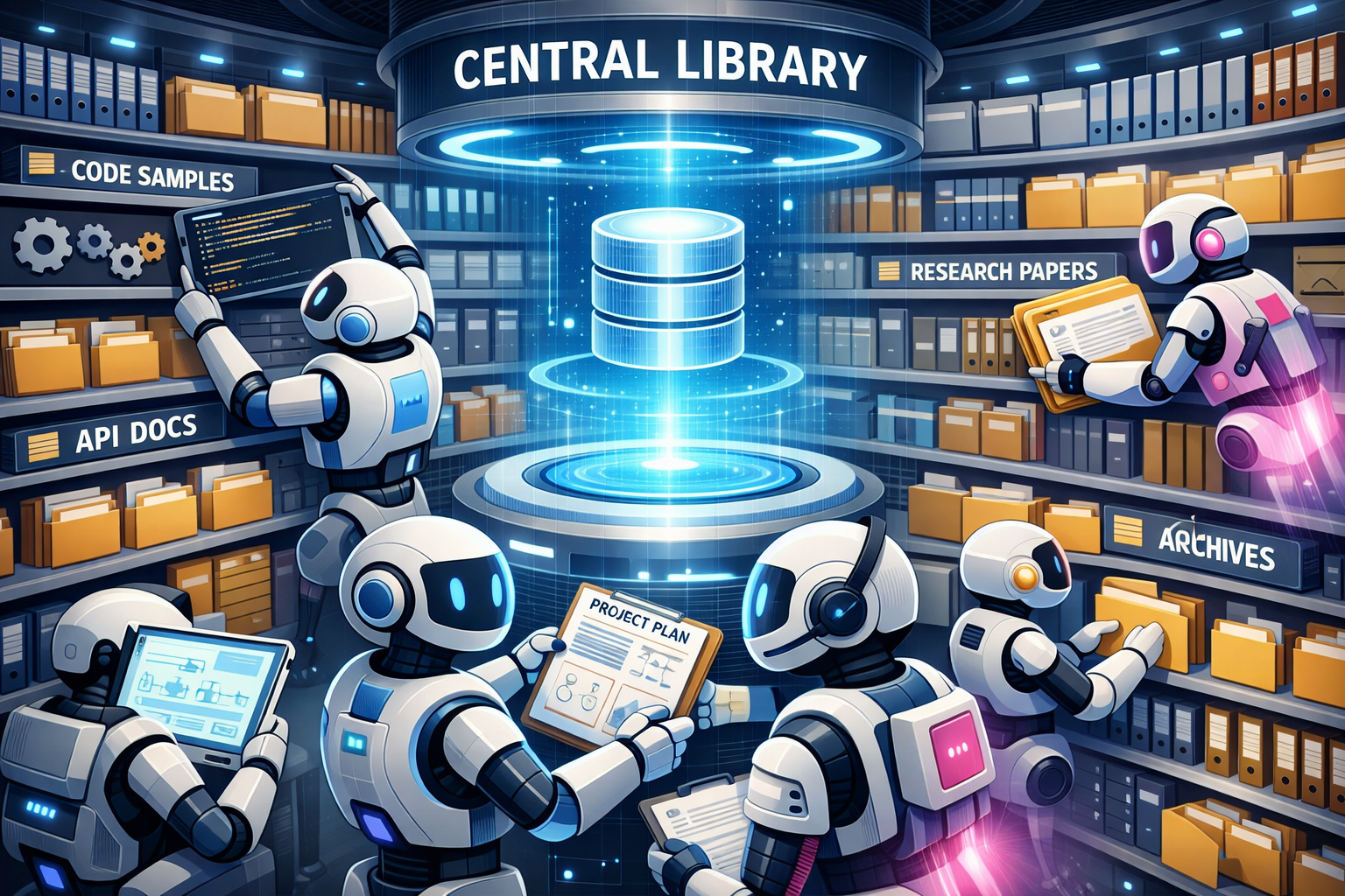 Robots in futuristic Central Library with code samples, research papers, and project plans showcasing multi-agent AI colla...