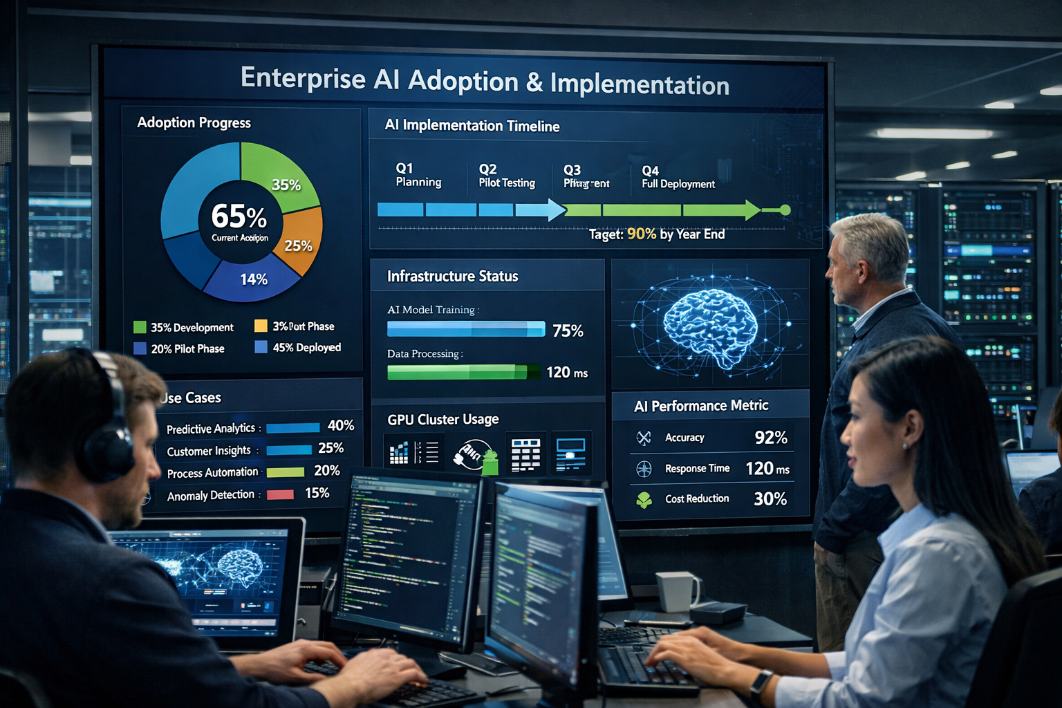 Enterprise AI adoption dashboard showing 65% current adoption, implementation timeline, infrastructure status with 75% AI ...