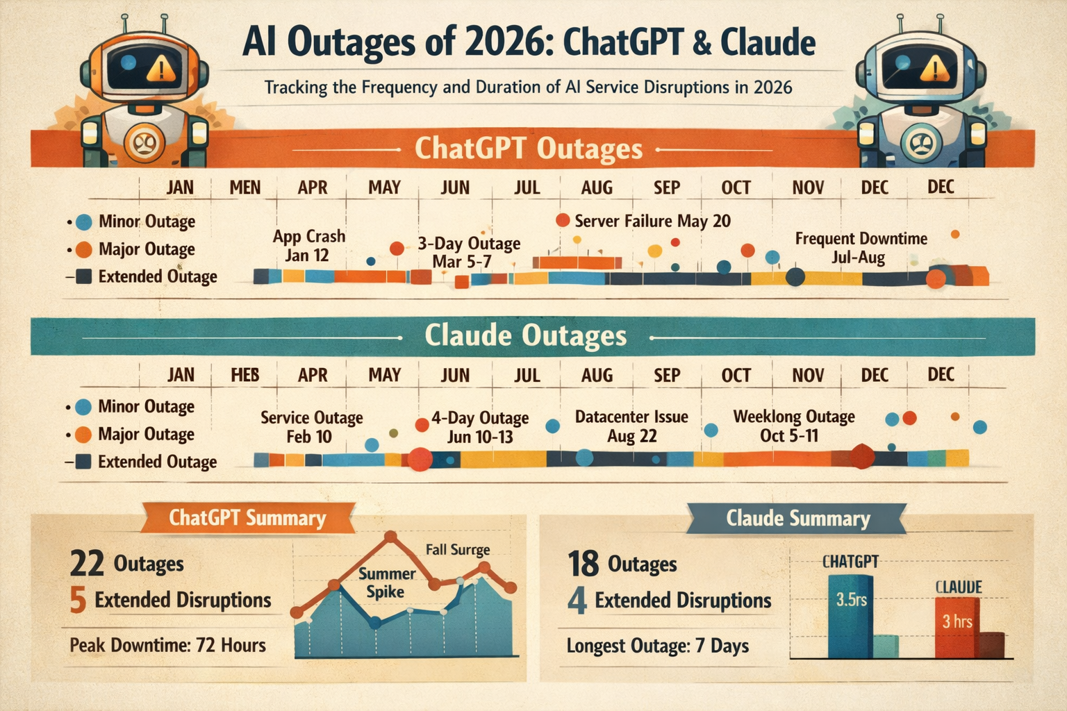 ChatGPT and Claude outages timeline 2026: 22 vs 18 disruptions, peak downtime 72 hours, reliability comparison chart.