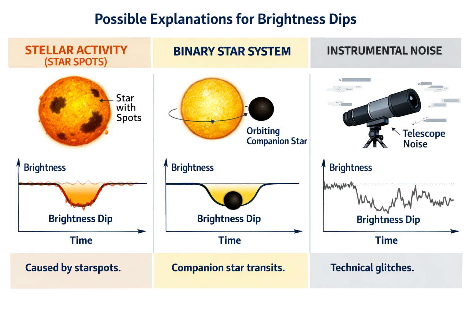 Brightness dip explanations: stellar activity starspots, binary star transits, and instrumental telescope noise for exopla...